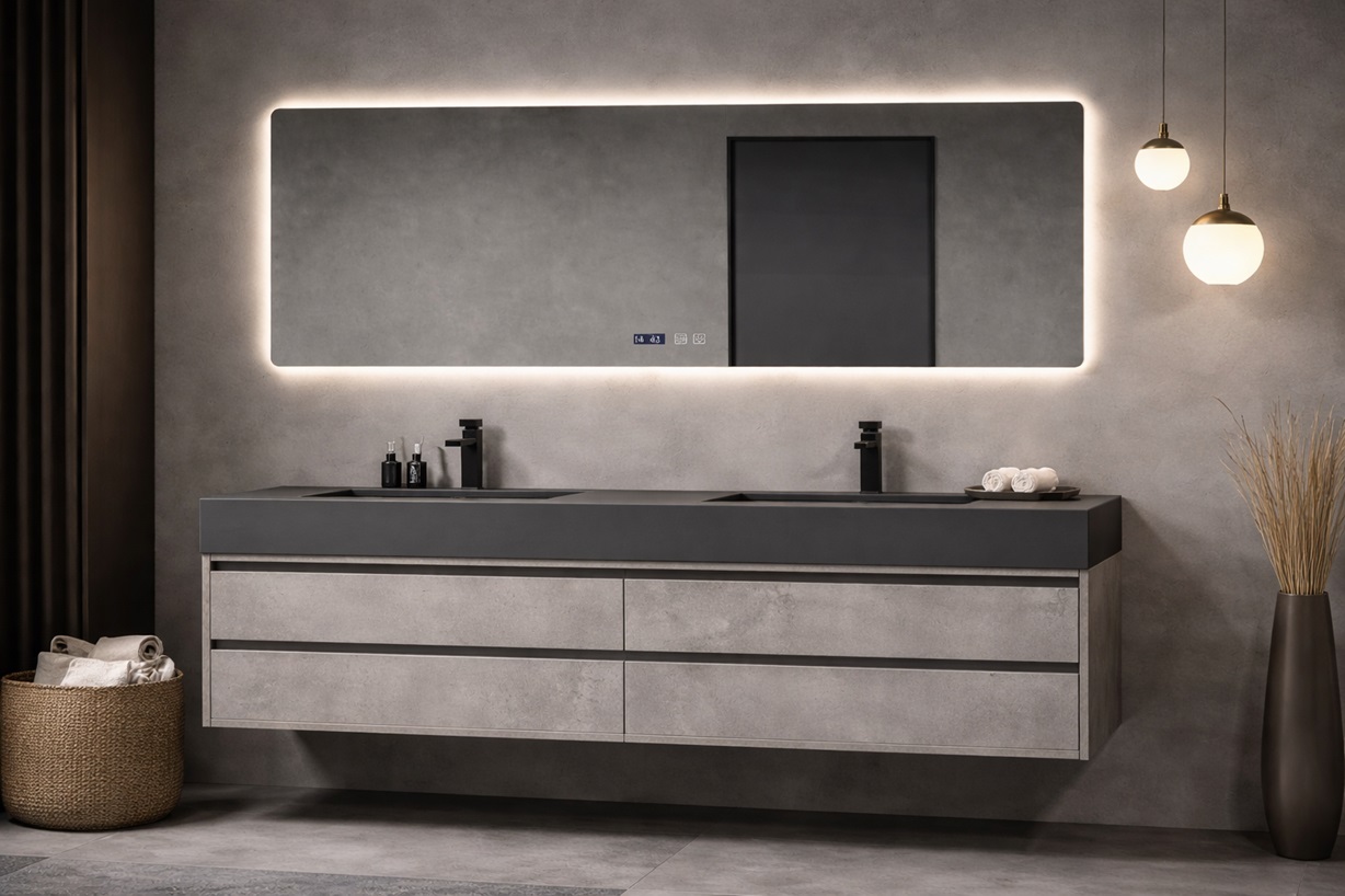 Fontana Luxury Wall-Mounted Slate Floating Bathroom Vanity Set with Double Sink Faucet and LED Smart Mirror (FS-DG1682)